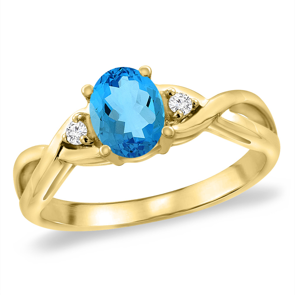 14K Yellow Gold Diamond Natural Swiss Blue Topaz Infinity Engagement Ring Oval 7x5 mm, sizes 5 -10