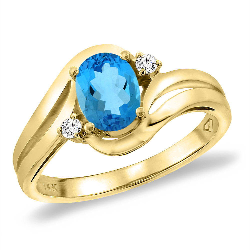 14K Yellow Gold Diamond Natural Swiss Blue Topaz Bypass Engagement Ring Oval 8x6 mm, sizes 5 -10