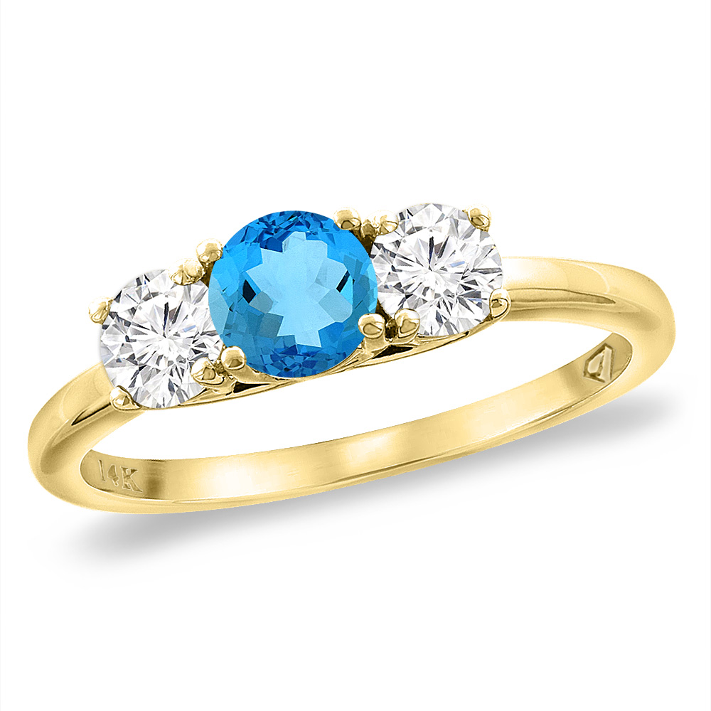 14K Yellow Gold Diamond Natural Swiss Blue Topaz Engagement Ring 5mm Round, sizes 5 -10