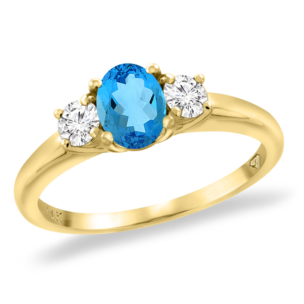 14K Yellow Gold Natural Swiss Blue Topaz Engagement Ring Diamond Accents Oval 7x5 mm, sizes 5 -10
