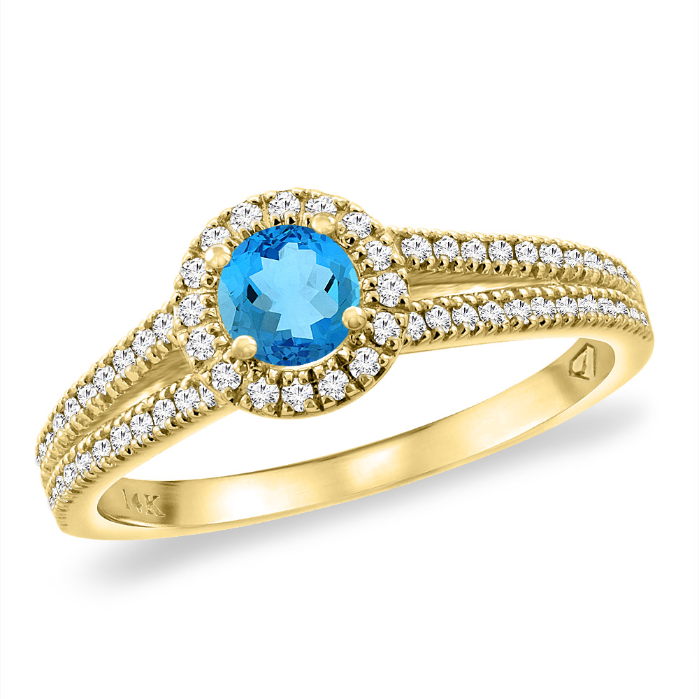 14K Yellow Gold Natural Swiss Blue Topaz Split Shank Diamond Halo Engagement Ring 4mm Round, sizes 5 -10