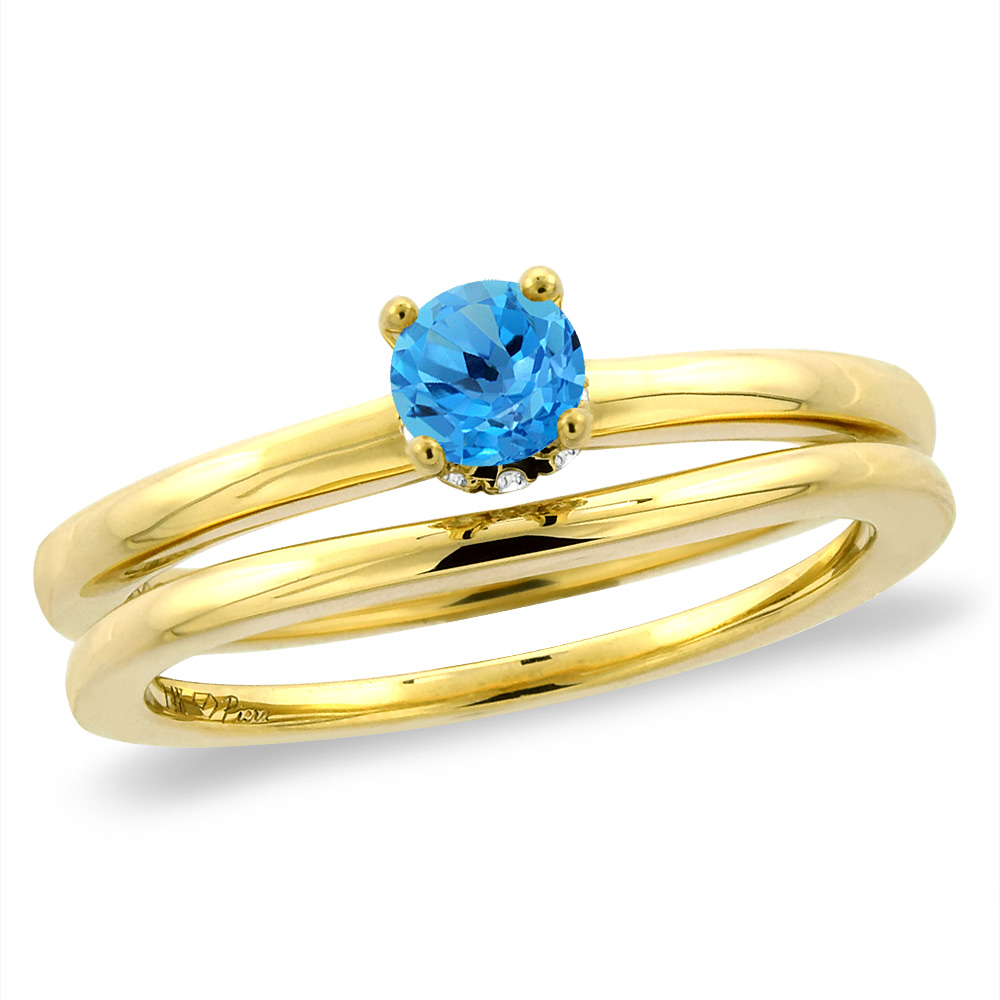 14K Yellow Gold Diamond Natural Swiss Blue Topaz 2pc Solitaire Engagement Ring Set Round 6 mm,sz5-10