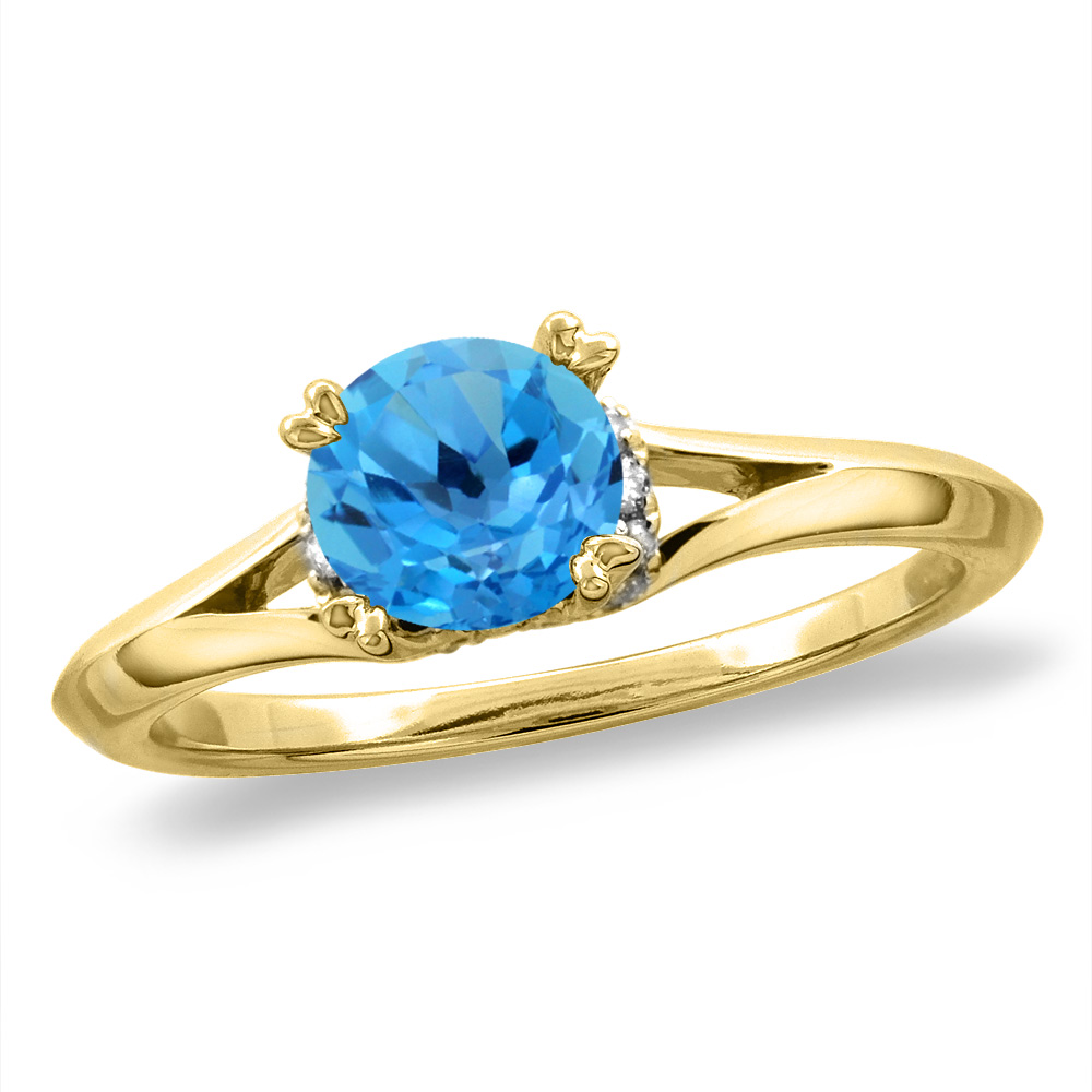 14K White/Yellow Gold Diamond Natural Swiss Blue Topaz Solitaire Engagement Ring Round 6 mm, sizes 5-10