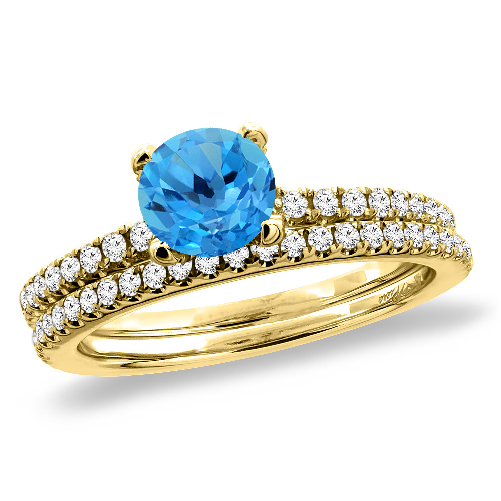 14K Yellow Gold Diamond Natural Swiss Blue Topaz 2pc Engagement Ring Set Round 5 mm, sizes 5-10