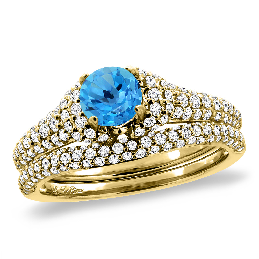 14K Yellow Gold Diamond Natural Swiss Blue Topaz 2pc Engagement Ring Set Round 5 mm, sizes 5-10