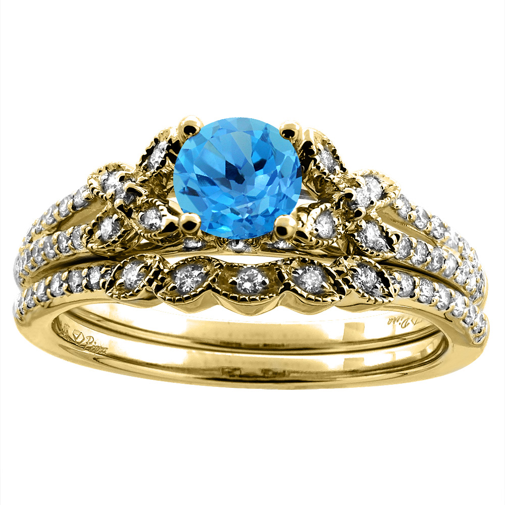 14K Yellow Gold Floral Diamond Natural Swiss Blue Topaz 2pc Engagement Ring Set Round 5 mm,size 5-10