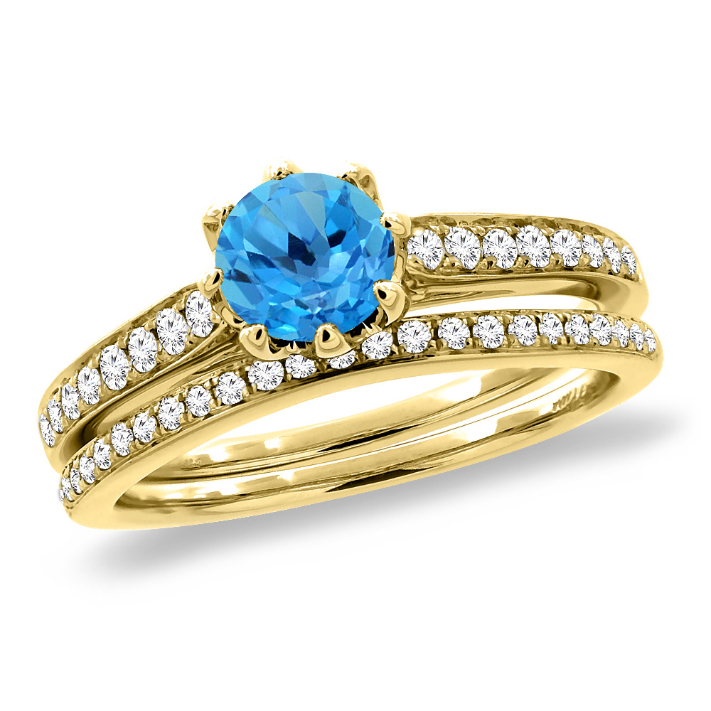 14K Yellow Gold Diamond Natural Swiss Blue Topaz 2pc Engagement Ring Set Round 5 mm,size 5-10