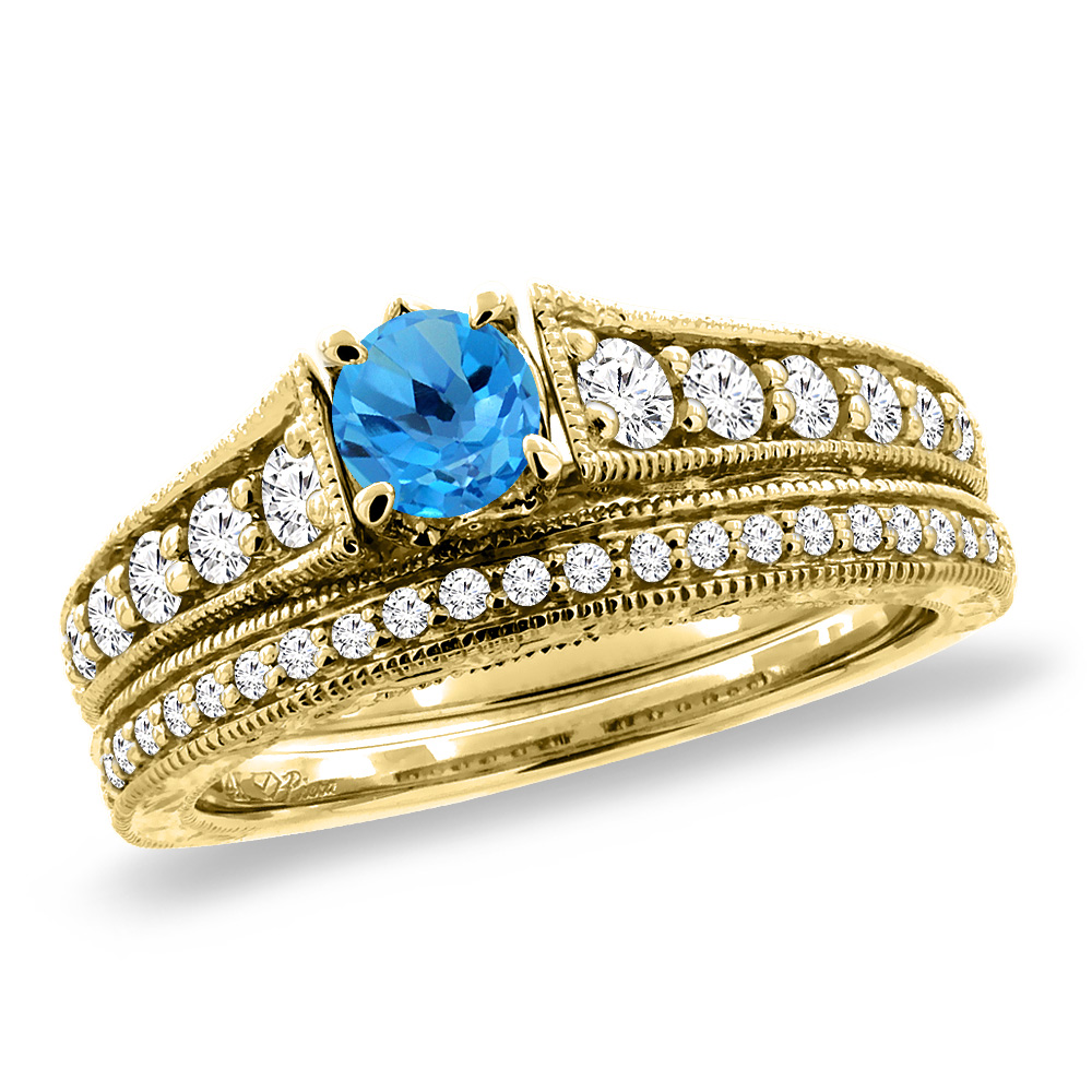 14K Yellow Gold Diamond Natural Swiss Blue Topaz 2pc Engagement Ring Set Round 5 mm,size 5-10