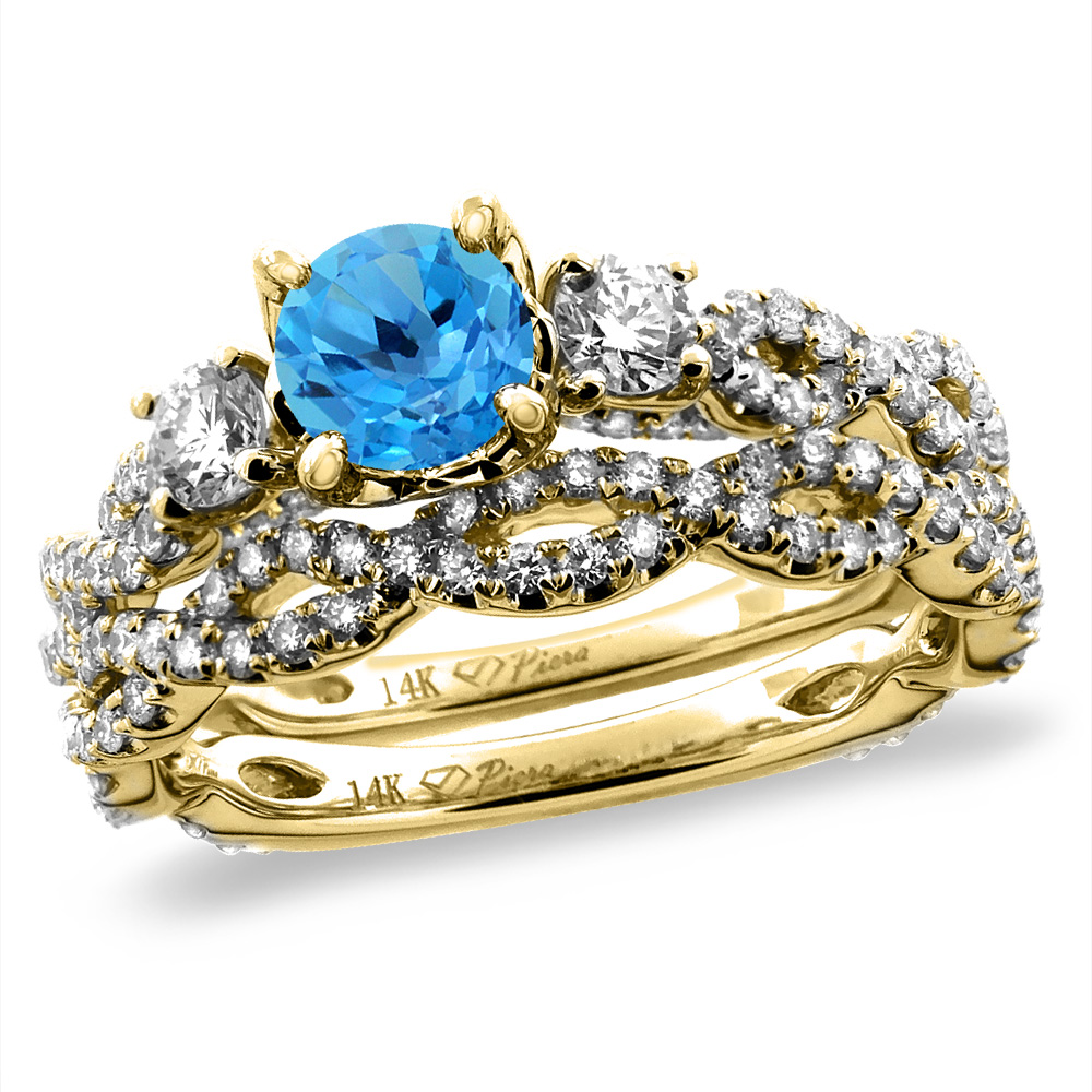 14K Yellow Gold Diamond Natural Swiss Blue Topaz 2pc Infinity Engagement Ring Set Round 5mm,size5-10
