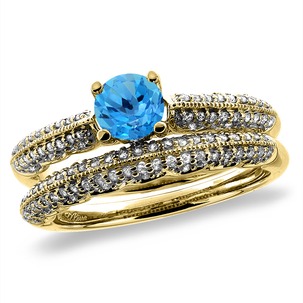14K Yellow Gold Diamond Natural Swiss Blue Topaz 2pc Engagement Ring Set Round 5mm,size5-10