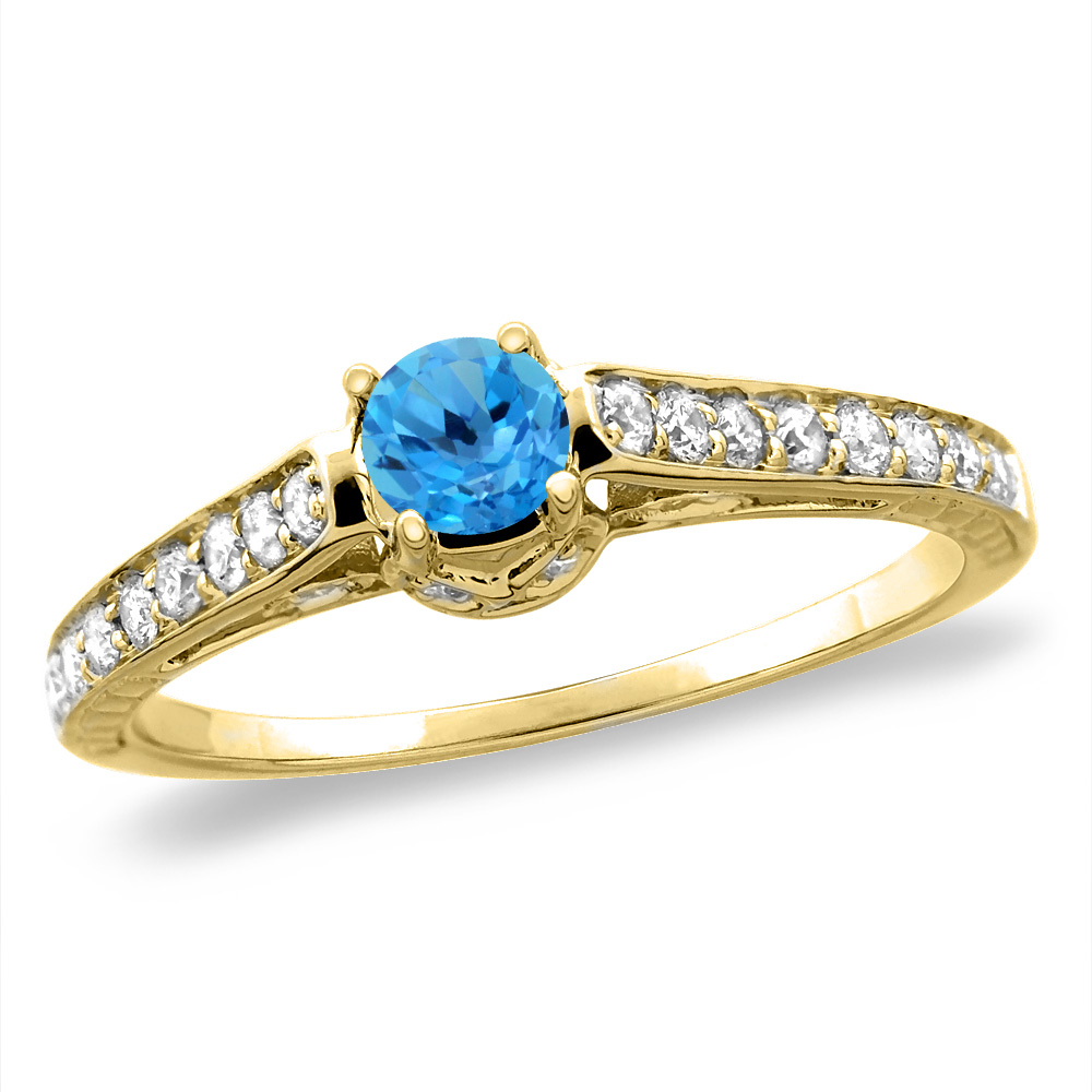 14K White/Yellow Gold Diamond Natural Swiss Blue Topaz Engagement Ring Round 5 mm,size5-10