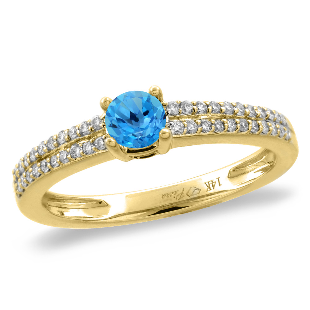 14K White/Yellow Gold Diamond Natural Swiss Blue Topaz Engagement Ring Round 5mm, size 5-10