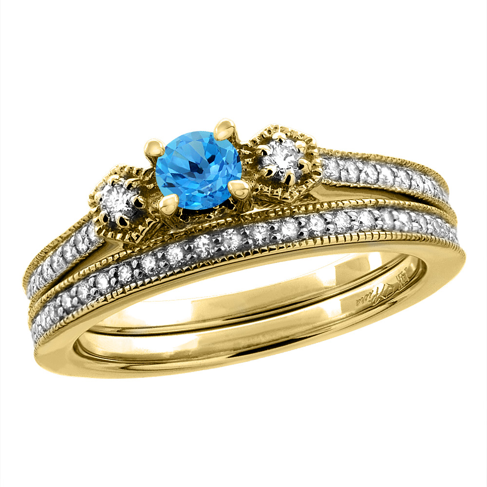 14K Yellow Gold Diamond Natural Swiss BlueTopaz 2pc Engagement Ring Set Round 4 mm, sizes 5 - 10