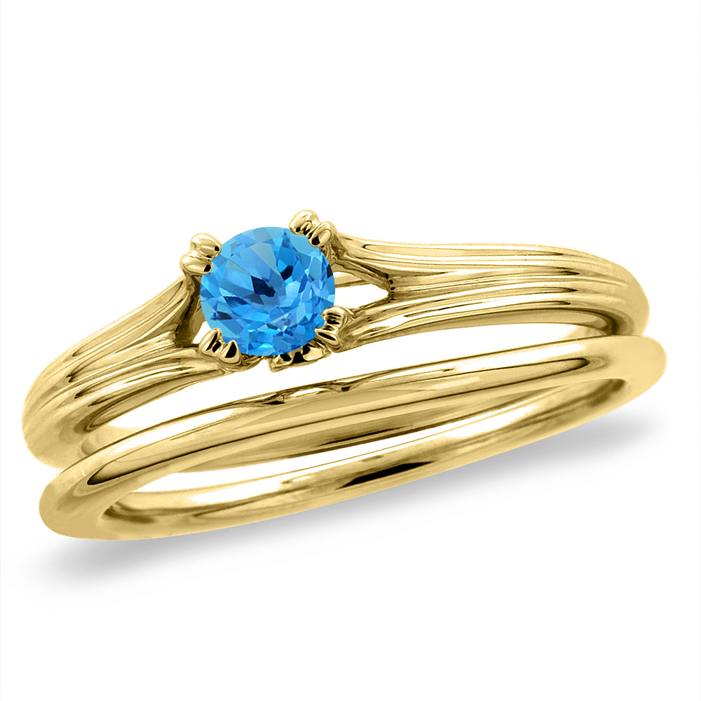 14K Yellow Gold Diamond Natural Swiss BlueTopaz 2pc Solitaire Engagement Ring Set Round 4mm,size5-10
