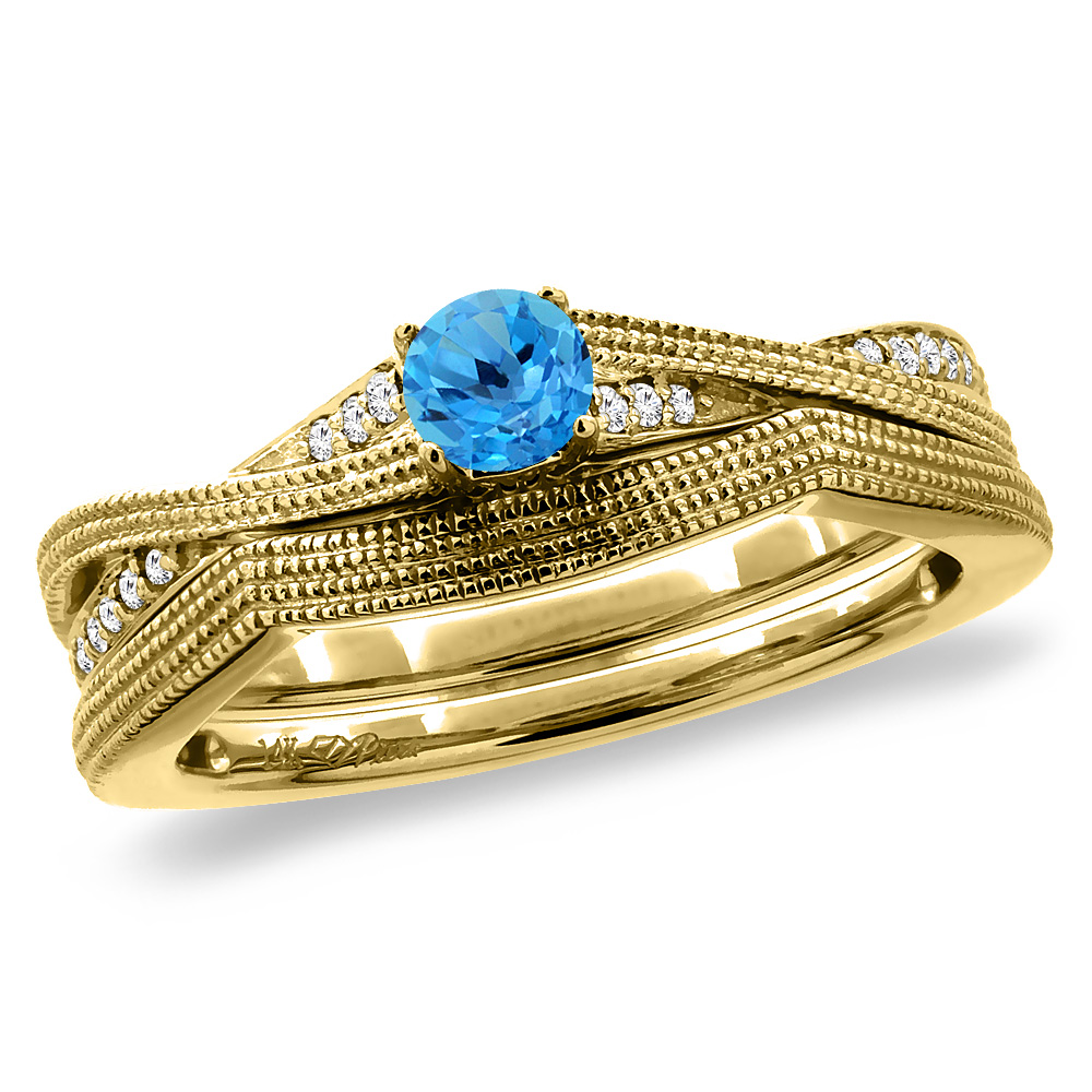 14K Yellow Gold Diamond Natural Swiss BlueTopaz 2pc Engagement Ring Set Round 4 mm, sizes 5 - 10