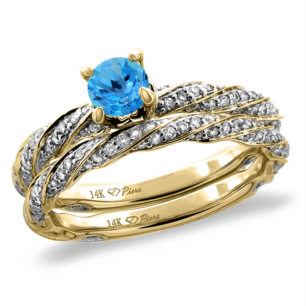 14K Yellow Gold Diamond Natural Swiss BlueTopaz 2pc Twisted Engagement Ring Set Round 4 mm, size5-10