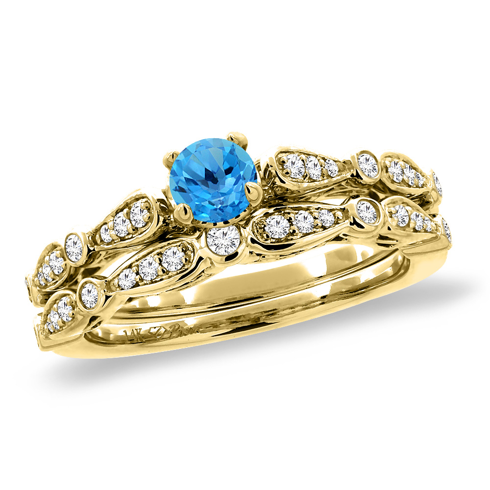 14K Yellow Gold Diamond Natural Swiss BlueTopaz 2pc Engagement Ring Set Round 4 mm, size5-10