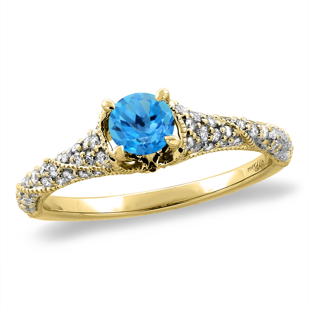 14K Yellow Gold Diamond Natural Swiss Blue Topaz Engagement Ring Round 4 mm, sizes 5 -10