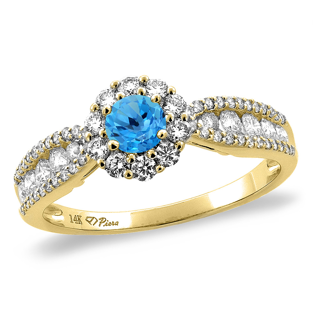 14K Yellow Gold Natural Swiss Blue Topaz Halo Engagement Ring Round 4 mm, sizes 5 -10