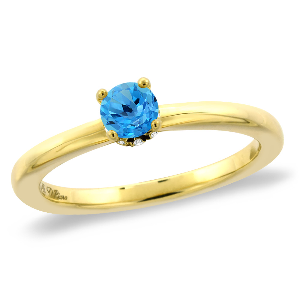 14K Yellow Gold Diamond Natural Swiss Blue Topaz Solitaire Engagement Ring Round 4 mm, sizes 5 -10