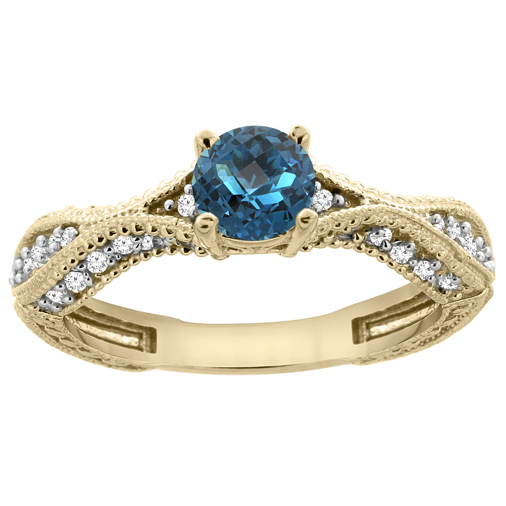 14K Yellow Gold Natural London Blue Topaz Round 5mm Engraved Engagement Ring Diamond Accents, sizes 5 - 10