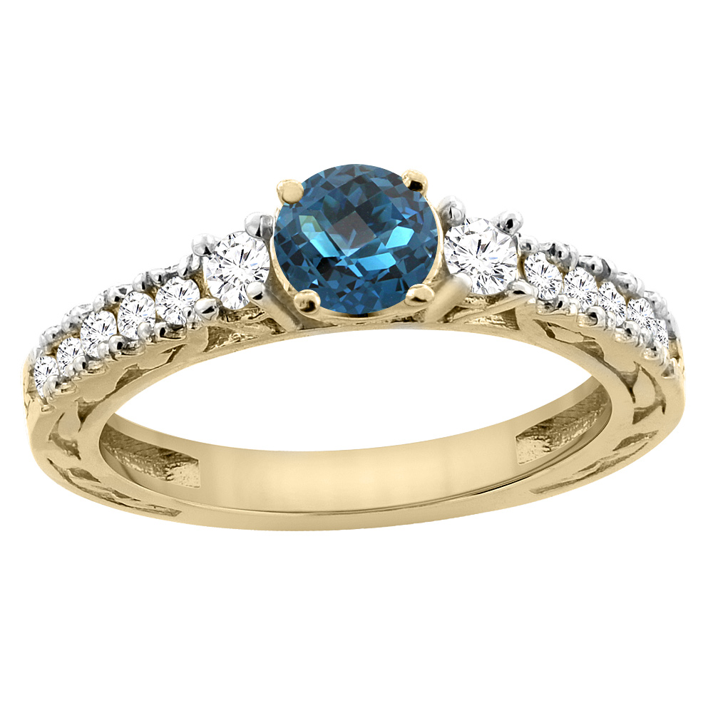 14K Yellow Gold Natural London Blue Topaz Round 6mm Engraved Engagement Ring Diamond Accents, sizes 5 - 10