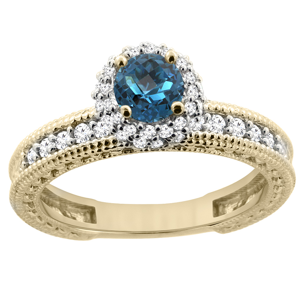 14K Yellow Gold Natural London Blue Topaz Round 5mm Engagement Ring Diamond Accents, sizes 5 - 10