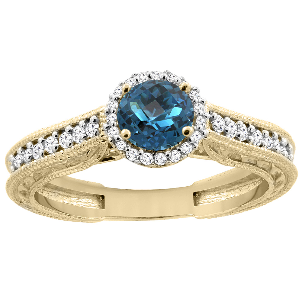 14K Yellow Gold Natural London Blue Topaz Round 5mm Engraved Engagement Ring Diamond Accents, sizes 5 - 10