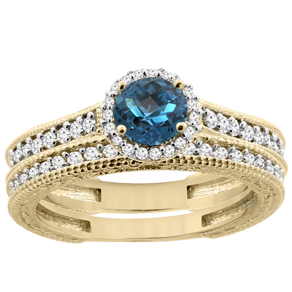 14K Yellow Gold Natural London Blue Topaz Round 5mm Engagement Ring 2-piece Set Diamond Accents, sizes 5 - 10