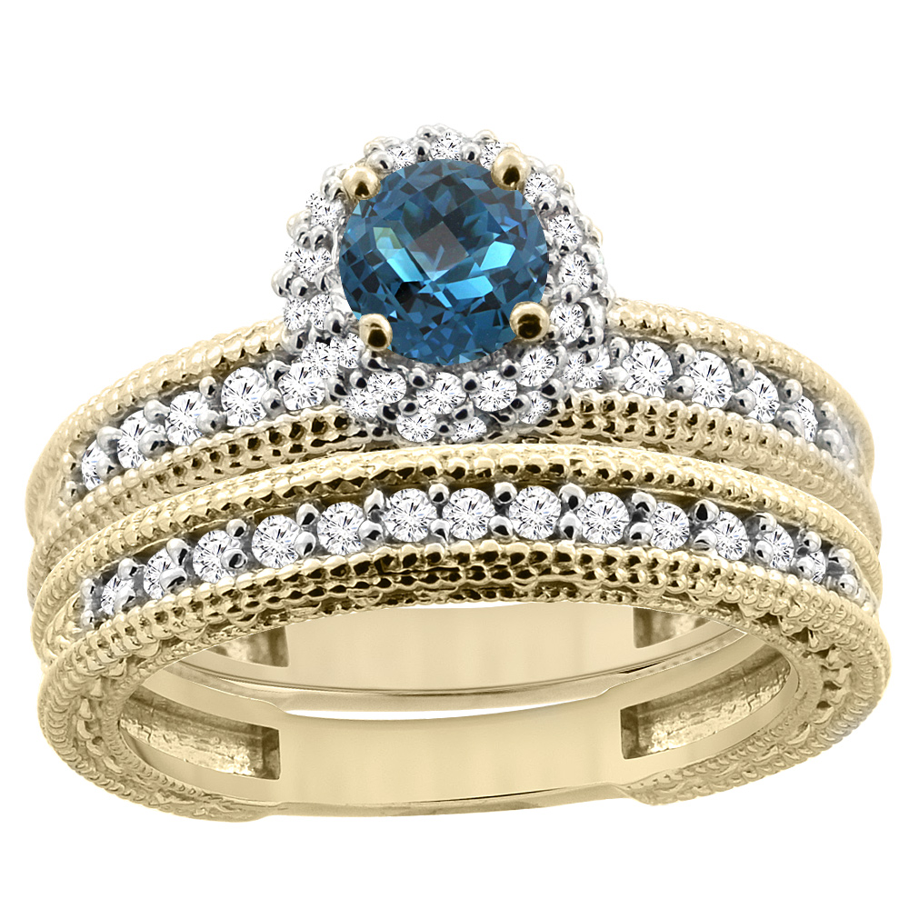 14K Yellow Gold Diamond Natural London Blue Topaz Round 4mm Engagement Ring 2-piece Set, size 5 - 10