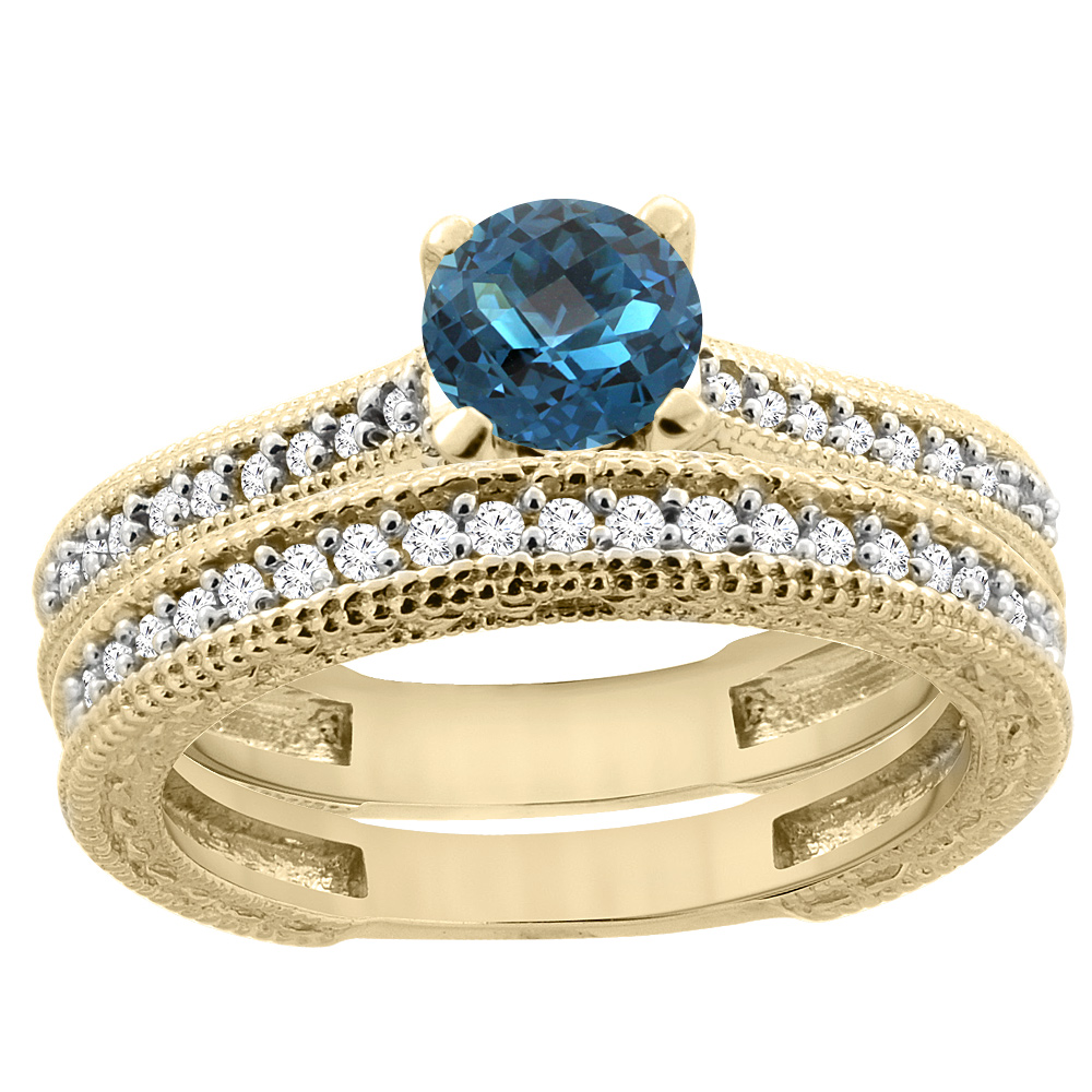 14K Yellow Gold Natural London Blue Topaz Round 5mm Engraved Engagement Ring 2-piece Set Diamond Accents, sizes 5 - 10