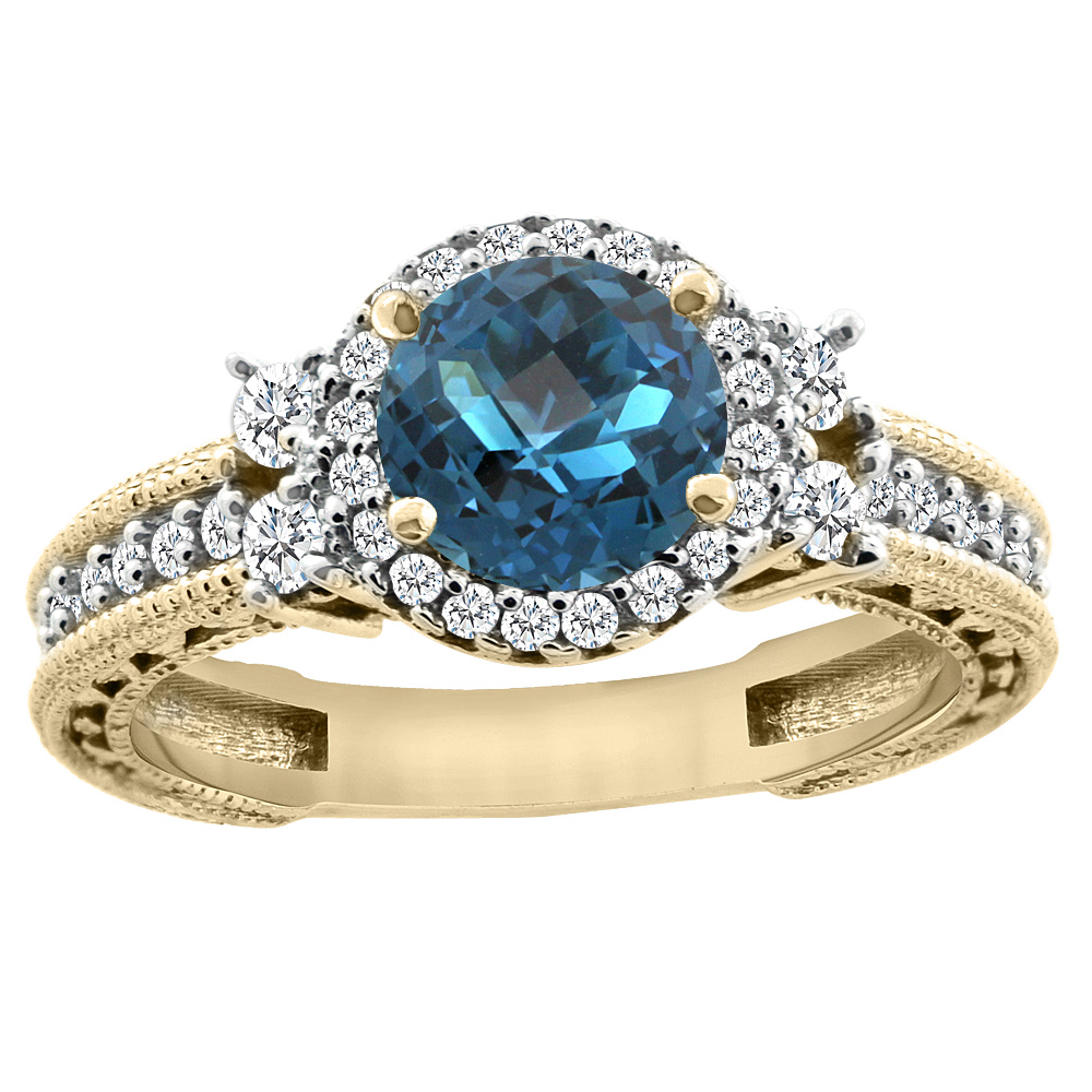 14K Yellow Gold Natural London Blue Topaz Halo Engagement Ring Round 6mm Diamond Accents, sizes 5-10