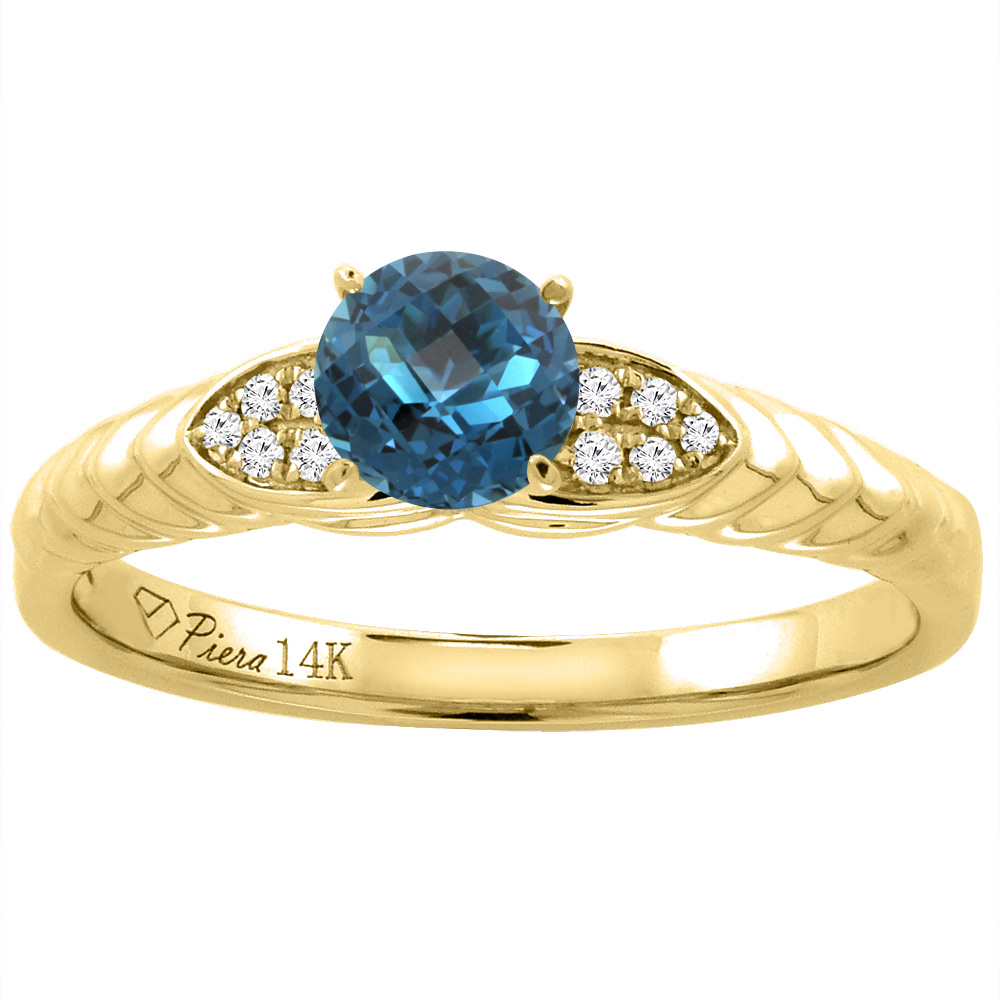 14K Yellow Gold Diamond Natural London Blue Topaz Engagement Ring Round 5 mm, sizes 5-10