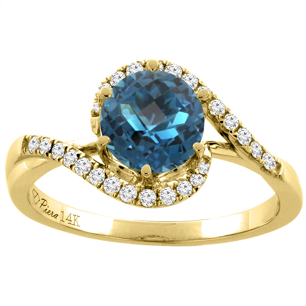 14K Yellow Gold Diamond Natural London Blue Topaz Bypass Engagement Ring Round 7 mm, sizes 5-10