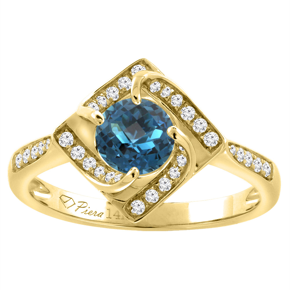 14K Yellow Gold Diamond Natural London Blue Topaz Engagement Ring Round 7 mm, sizes 5-10