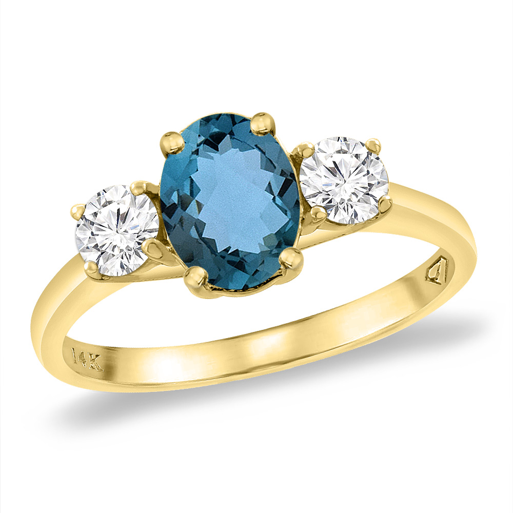 14K Yellow Gold Natural London Blue Topaz & 2pc. Diamond Engagement Ring Oval 8x6 mm, sizes 5 -10
