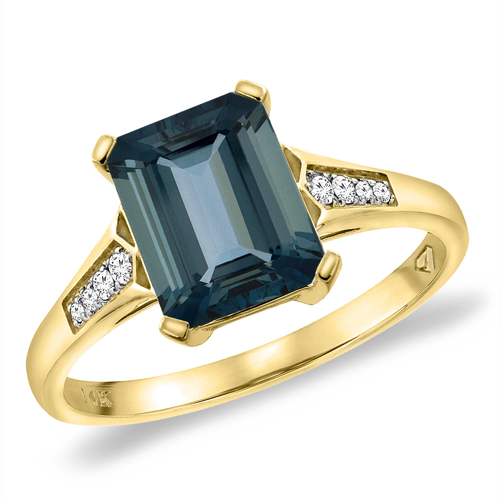 14K Yellow Gold Natural London Blue Topaz Ring 9x7 mm Octagon with Diamond Accent, sizes 5 -10