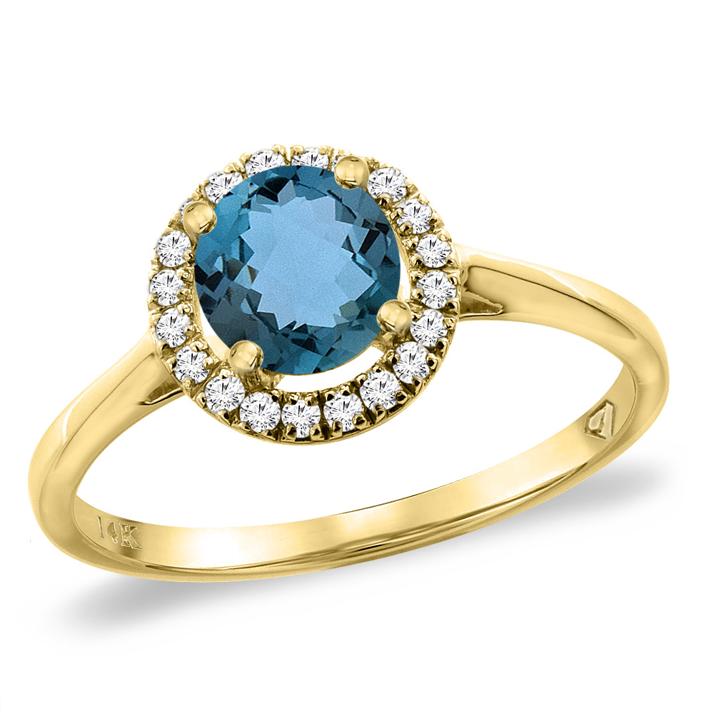 14K Yellow Gold Diamond Halo Natural London Blue Topaz Engagement Ring Round 6 mm, sizes 5 -10