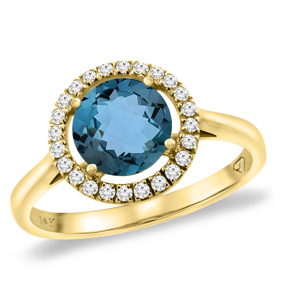 14K Yellow Gold Natural London Blue Topaz Halo Engagement Ring Round 8 mm, sizes 5 -10