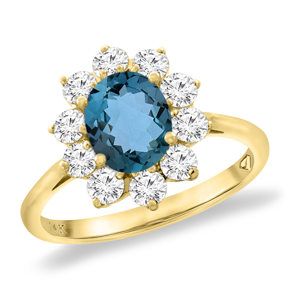 14K Yellow Gold Diamond Natural London Blue Topaz Engagement Ring Oval 8x6 mm, sizes 5 -10