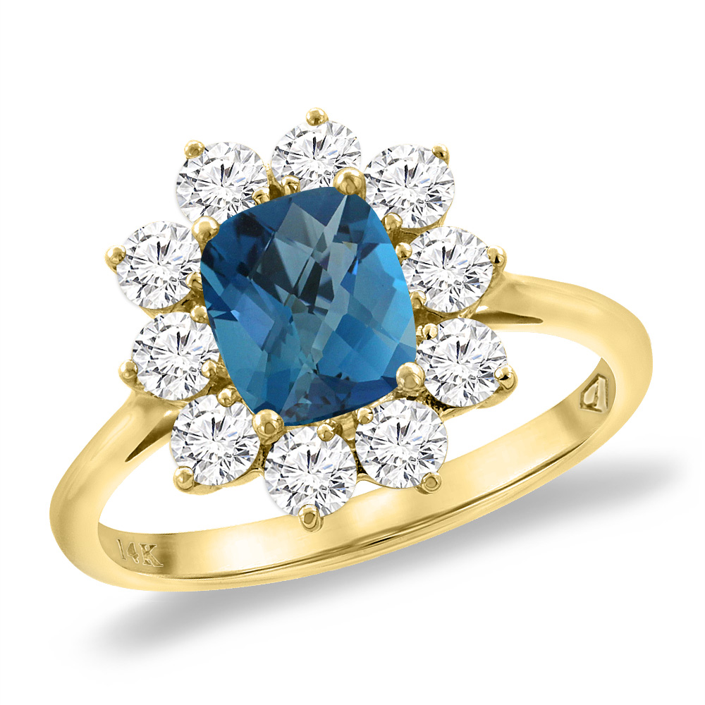 14K Yellow Gold Diamond Natural London Blue Topaz Engagement Ring 8x6 mm Cushion, sizes 5 -10