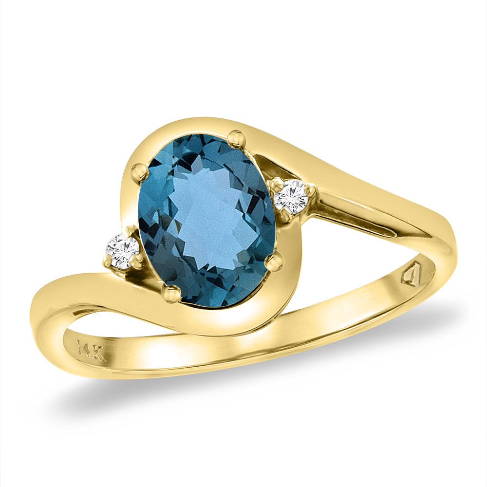 14K Yellow Gold Diamond Natural London Blue Topaz Bypass Engagement Ring Oval 8x6 mm, sizes 5 -10
