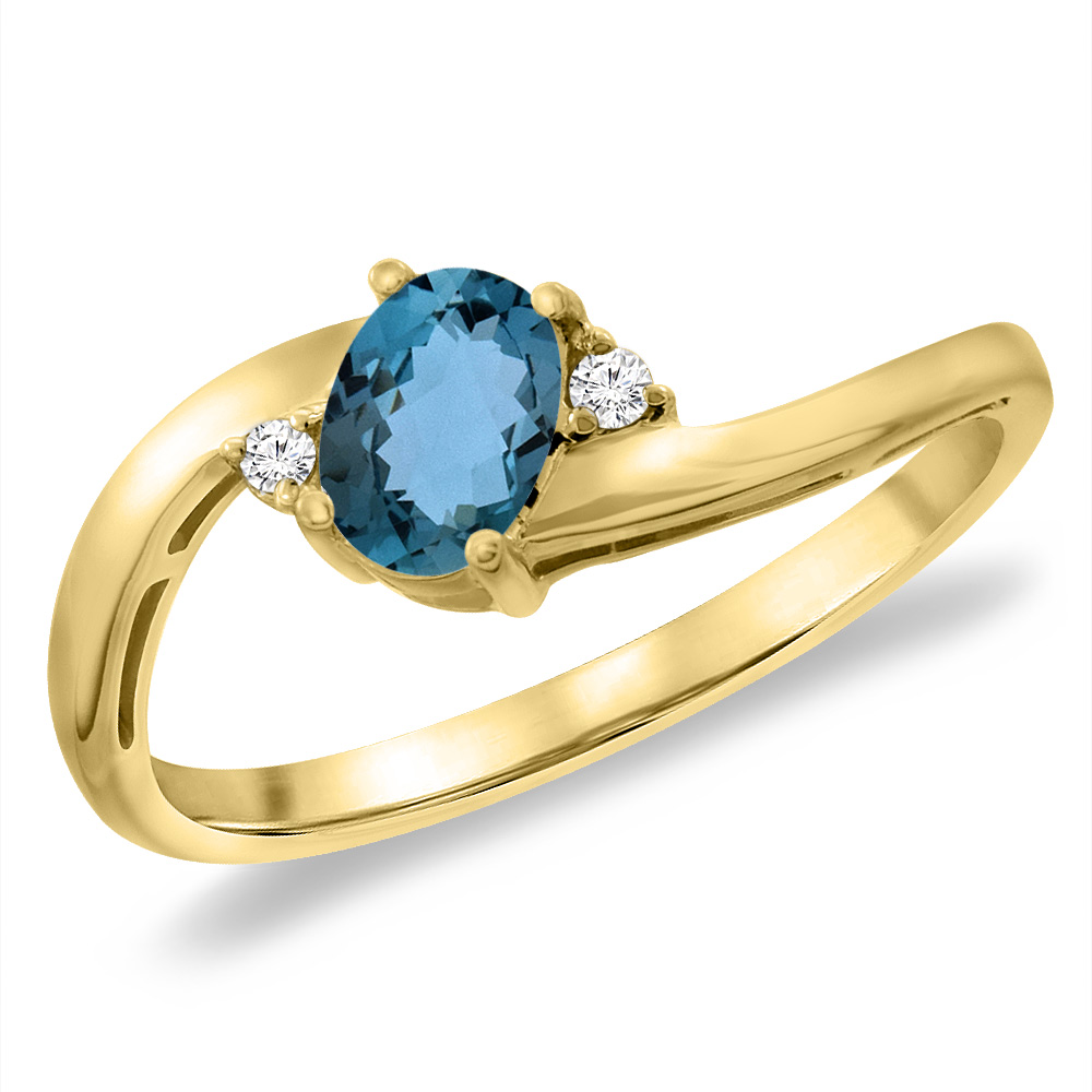 14K Yellow Gold Diamond Natural London Blue Topaz Bypass Engagement Ring Oval 6x4 mm, sizes 5 -10