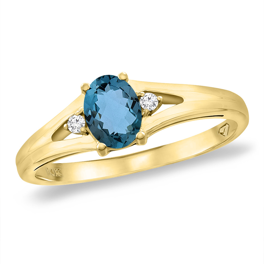 14K Yellow Gold Diamond Natural London Blue Topaz Engagement Ring Oval 6x4 mm, sizes 5 -10