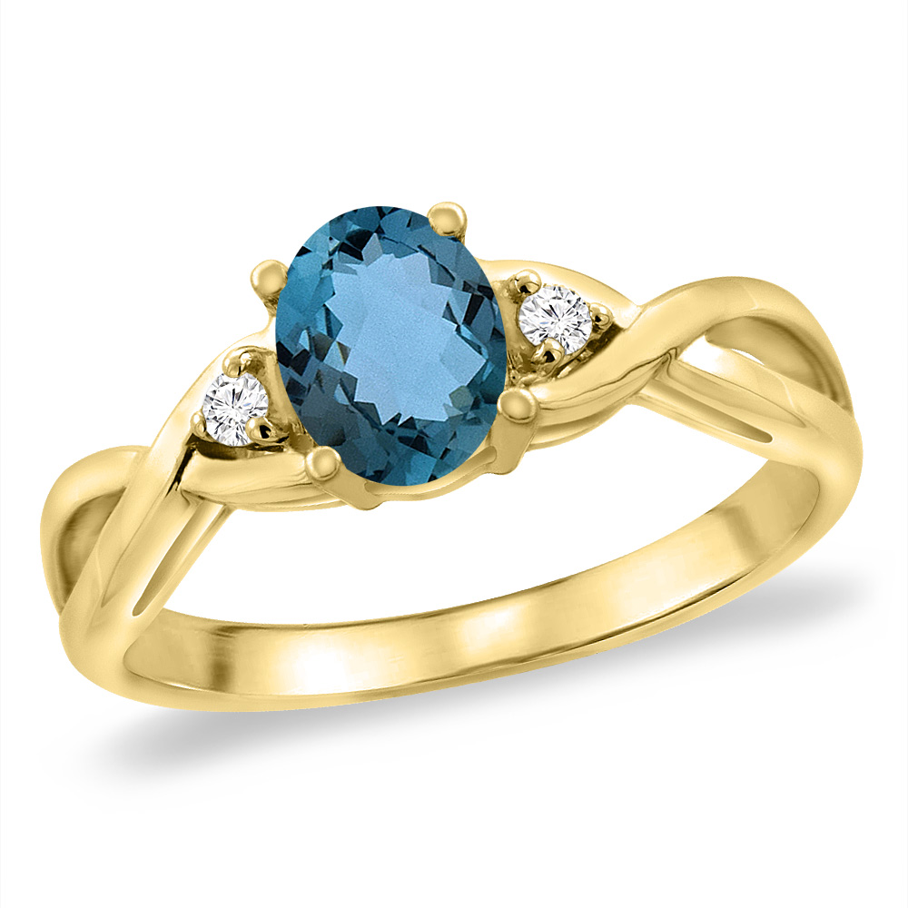 14K Yellow Gold Diamond Natural London Blue Topaz Infinity Engagement Ring Oval 7x5 mm, sizes 5 -10