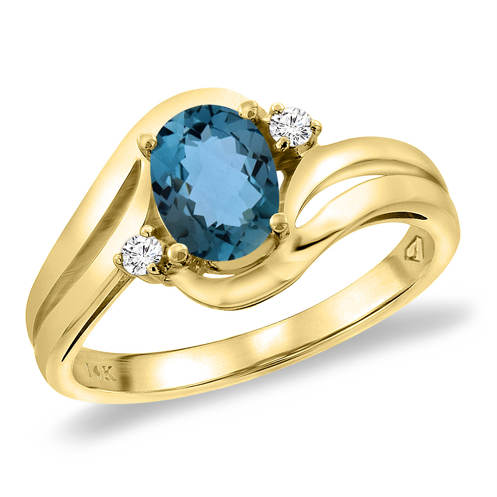 14K Yellow Gold Diamond Natural London Blue Topaz Bypass Engagement Ring Oval 8x6 mm, sizes 5 -10