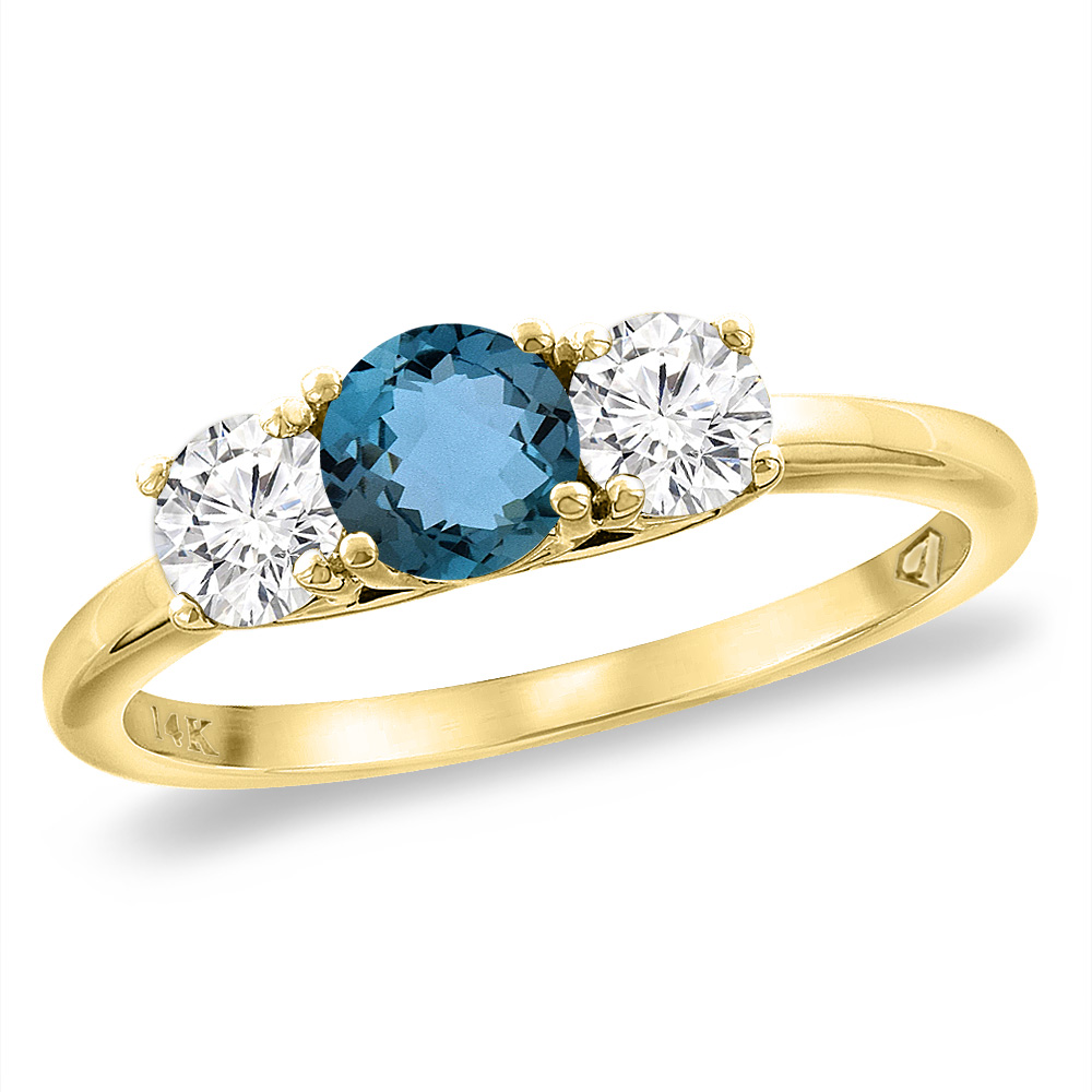 14K Yellow Gold Diamond Natural London Blue Topaz Engagement Ring 5mm Round, sizes 5 -10