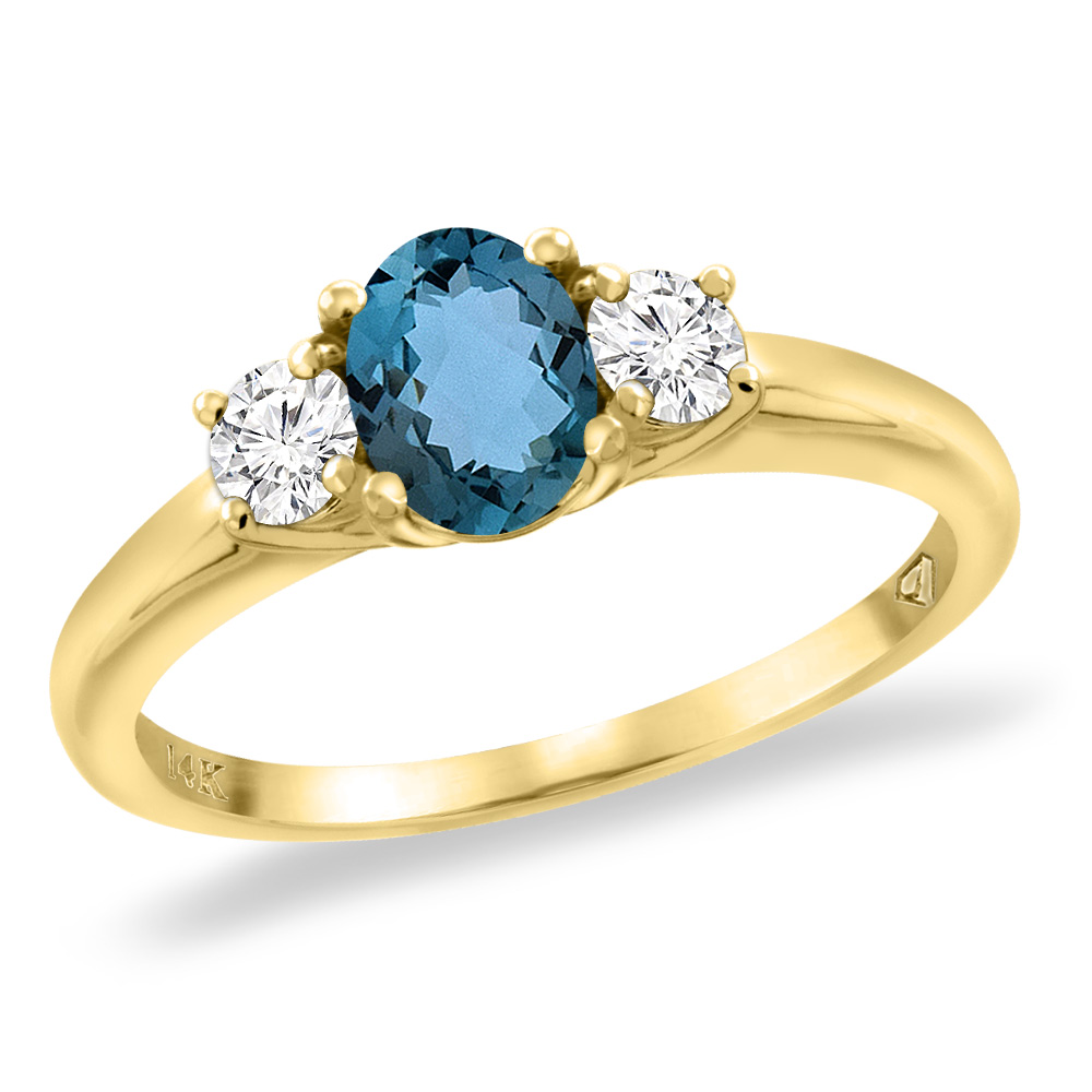 14K Yellow Gold Natural London Blue Topaz Engagement Ring Diamond Accents Oval 7x5 mm, sizes 5 -10