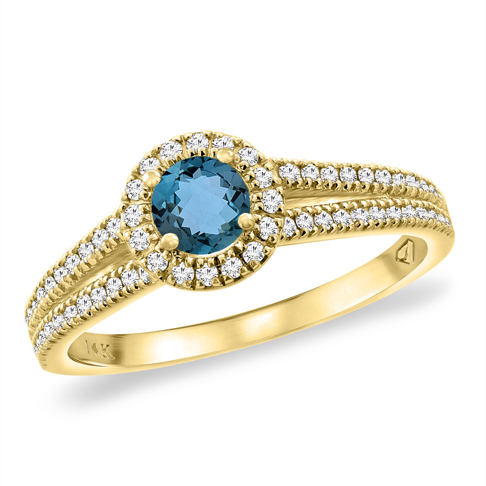 14K Yellow Gold Natural London Blue Topaz Split Shank Diamond Halo Engagement Ring 4mm Round, sizes 5 -10