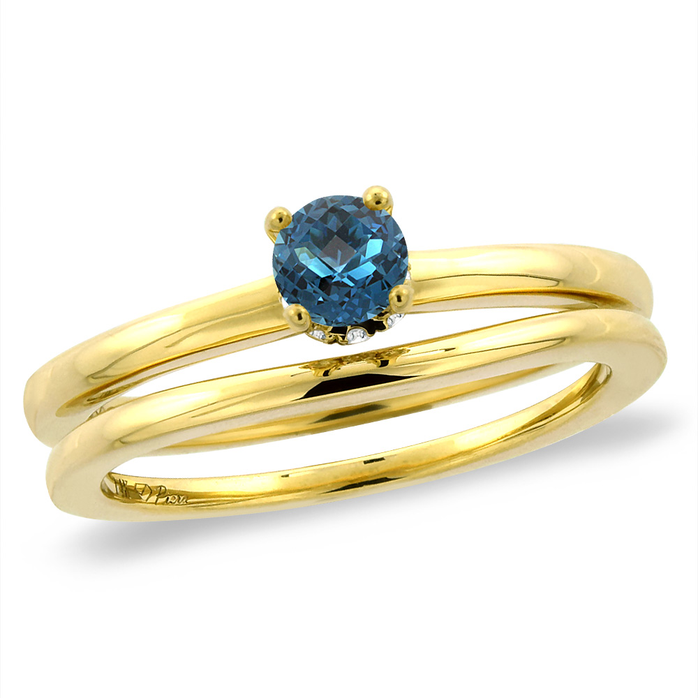 14K Yellow Gold Diamond Natural London Blue Topaz 2pc Solitaire Engagement Ring Set Round 6mm,sz5-10